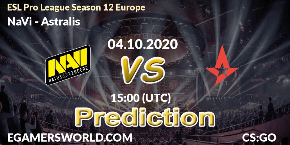 Prognose für das Spiel NaVi VS Astralis. 04.10.2020 at 15:00. Counter-Strike (CS2) - ESL Pro League Season 12 Europe