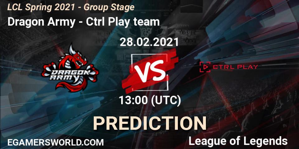 Prognose für das Spiel Dragon Army VS Ctrl Play team. 28.02.2021 at 13:00. LoL - LCL Spring 2021 - Group Stage