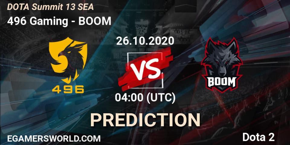 Prognose für das Spiel 496 Gaming VS BOOM. 26.10.20. Dota 2 - DOTA Summit 13: SEA