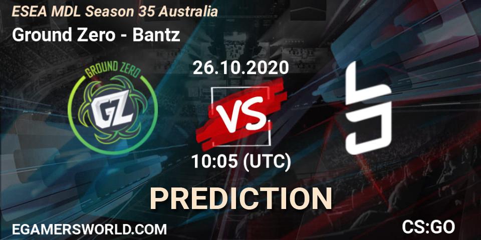 Prognose für das Spiel Ground Zero VS Bantz. 27.10.2020 at 08:05. Counter-Strike (CS2) - ESEA MDL Season 35 Australia