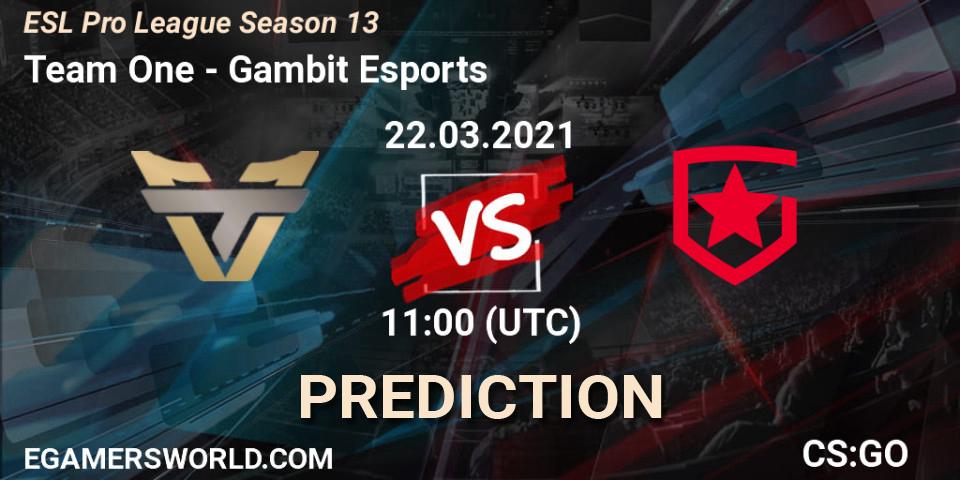 Prognose für das Spiel Team One VS Gambit Esports. 22.03.2021 at 11:00. Counter-Strike (CS2) - ESL Pro League Season 13