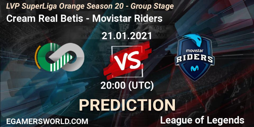 Prognose für das Spiel Cream Real Betis VS Movistar Riders. 21.01.2021 at 20:00. LoL - LVP SuperLiga Orange Season 20 - Group Stage