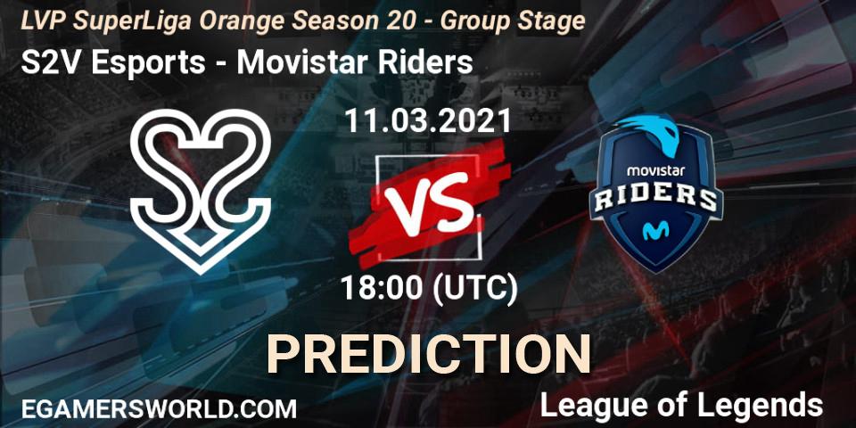 Prognose für das Spiel S2V Esports VS Movistar Riders. 11.03.2021 at 18:00. LoL - LVP SuperLiga Orange Season 20 - Group Stage