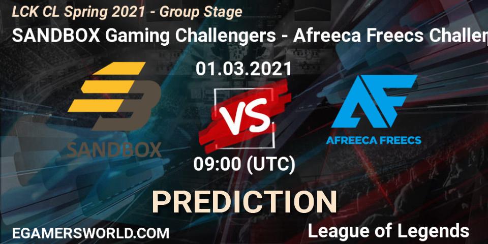 Prognose für das Spiel SANDBOX Gaming Challengers VS Afreeca Freecs Challengers. 01.03.2021 at 09:00. LoL - LCK CL Spring 2021 - Group Stage