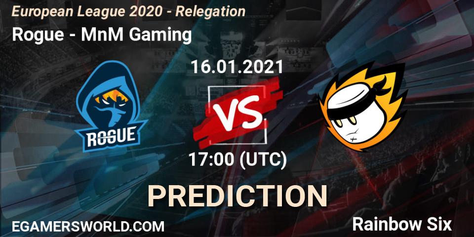 Prognose für das Spiel Rogue VS MnM Gaming. 16.01.2021 at 17:00. Rainbow Six - European League 2020 - Relegation