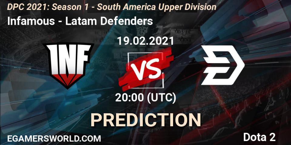 Prognose für das Spiel Infamous VS Latam Defenders. 19.02.2021 at 20:00. Dota 2 - DPC 2021: Season 1 - South America Upper Division