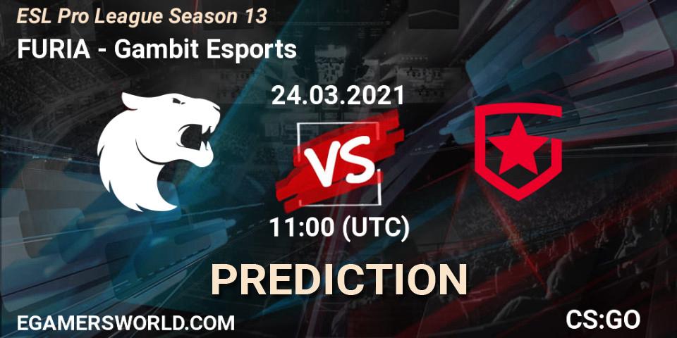 Prognose für das Spiel FURIA VS Gambit Esports. 24.03.2021 at 18:00. Counter-Strike (CS2) - ESL Pro League Season 13