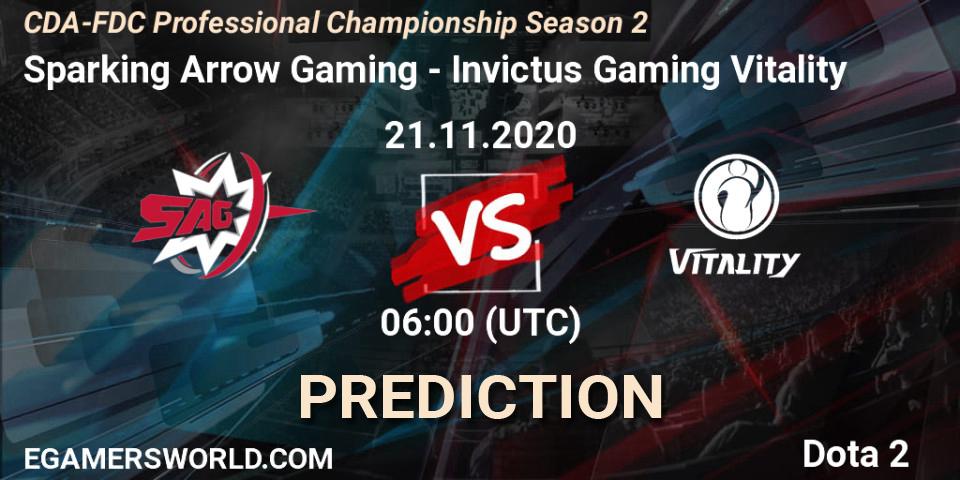 Prognose für das Spiel Sparking Arrow Gaming VS Invictus Gaming Vitality. 21.11.2020 at 06:04. Dota 2 - CDA-FDC Professional Championship Season 2