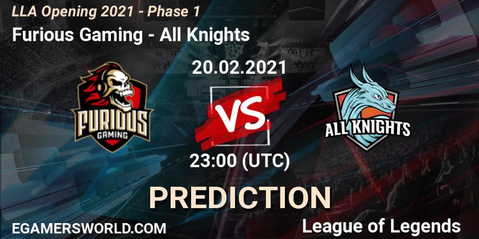Prognose für das Spiel Furious Gaming VS All Knights. 21.02.2021 at 01:00. LoL - LLA Opening 2021 - Phase 1