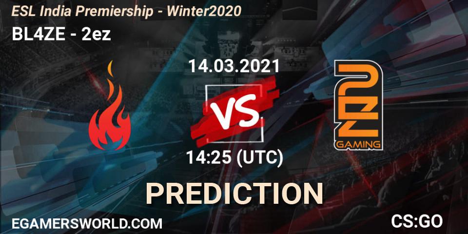 Prognose für das Spiel BL4ZE VS 2ez. 14.03.2021 at 14:25. Counter-Strike (CS2) - ESL India Premiership - Winter 2020