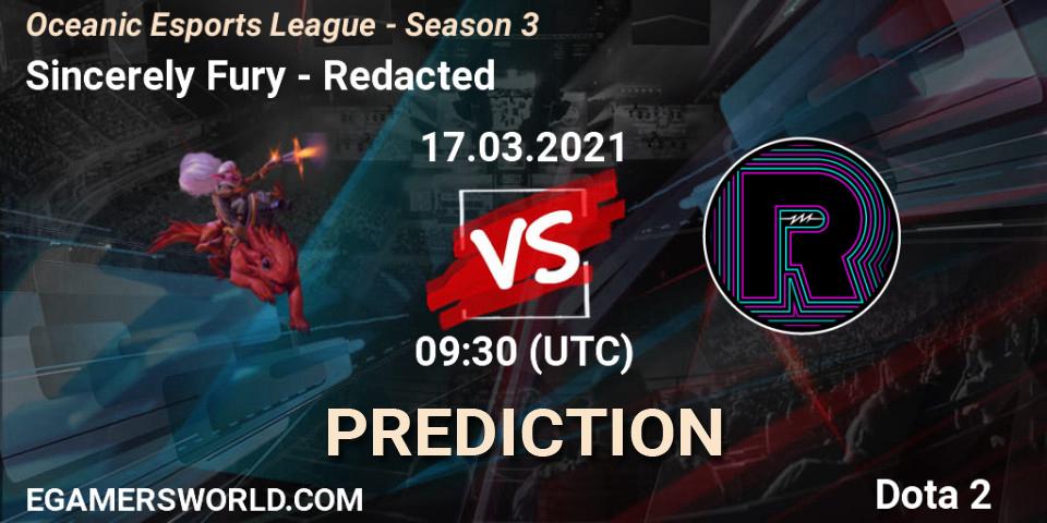 Prognose für das Spiel Sincerely Fury VS Redacted. 17.03.2021 at 09:56. Dota 2 - Oceanic Esports League - Season 3