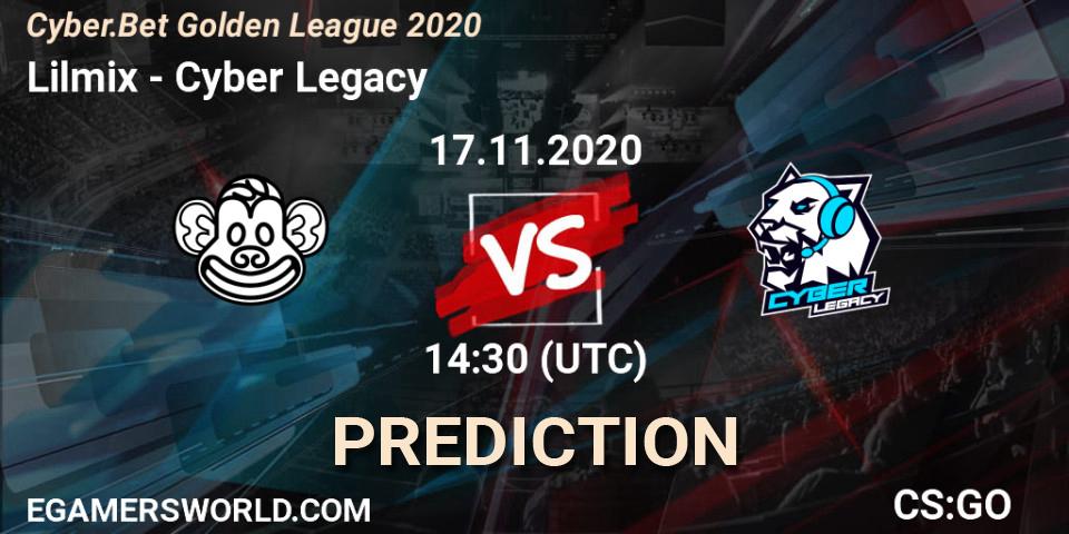 Prognose für das Spiel Lilmix VS Cyber Legacy. 17.11.2020 at 14:30. Counter-Strike (CS2) - Cyber.Bet Golden League 2020