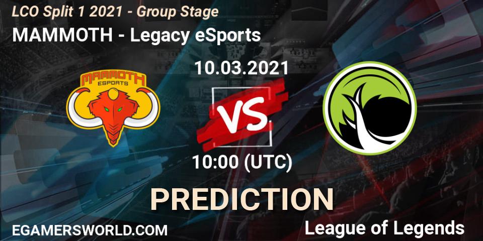 Prognose für das Spiel MAMMOTH VS Legacy eSports. 10.03.21. LoL - LCO Split 1 2021 - Group Stage