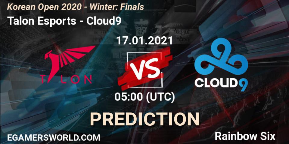Prognose für das Spiel Talon Esports VS Cloud9. 17.01.2021 at 07:00. Rainbow Six - Korean Open 2020 - Winter: Finals