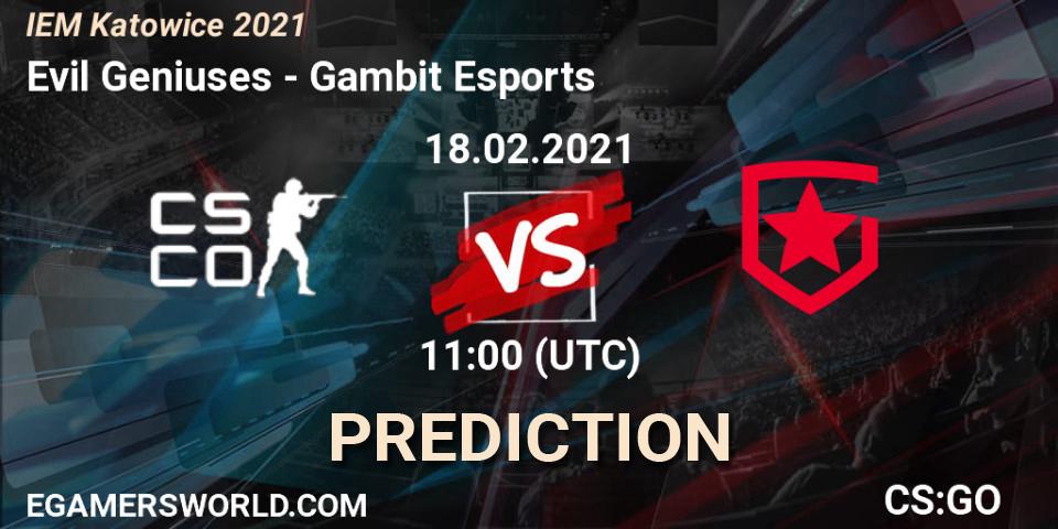 Prognose für das Spiel Evil Geniuses VS Gambit Esports. 18.02.2021 at 11:00. Counter-Strike (CS2) - IEM Katowice 2021