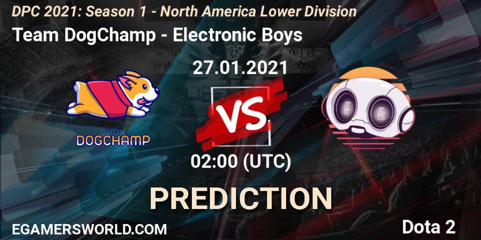 Prognose für das Spiel Team DogChamp VS Electronic Boys. 01.02.2021 at 02:06. Dota 2 - DPC 2021: Season 1 - North America Lower Division