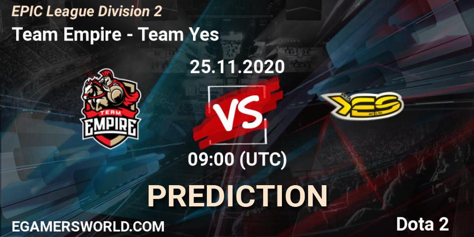 Prognose für das Spiel Team Empire VS Team Yes. 25.11.20. Dota 2 - EPIC League Division 2