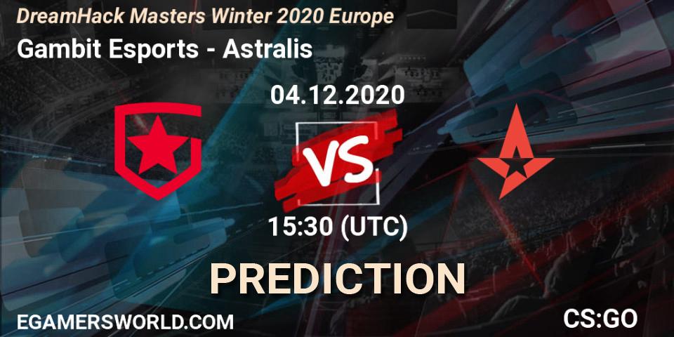 Prognose für das Spiel Gambit Esports VS Astralis. 04.12.2020 at 15:30. Counter-Strike (CS2) - DreamHack Masters Winter 2020 Europe