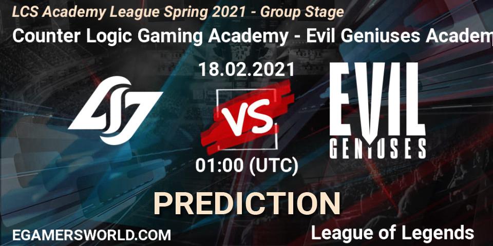 Prognose für das Spiel Counter Logic Gaming Academy VS Evil Geniuses Academy. 18.02.2021 at 01:00. LoL - LCS Academy League Spring 2021 - Group Stage
