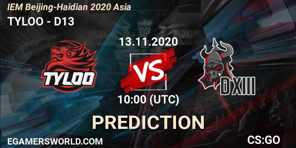 Prognose für das Spiel TYLOO VS D13. 13.11.2020 at 10:35. Counter-Strike (CS2) - IEM Beijing-Haidian 2020 Asia