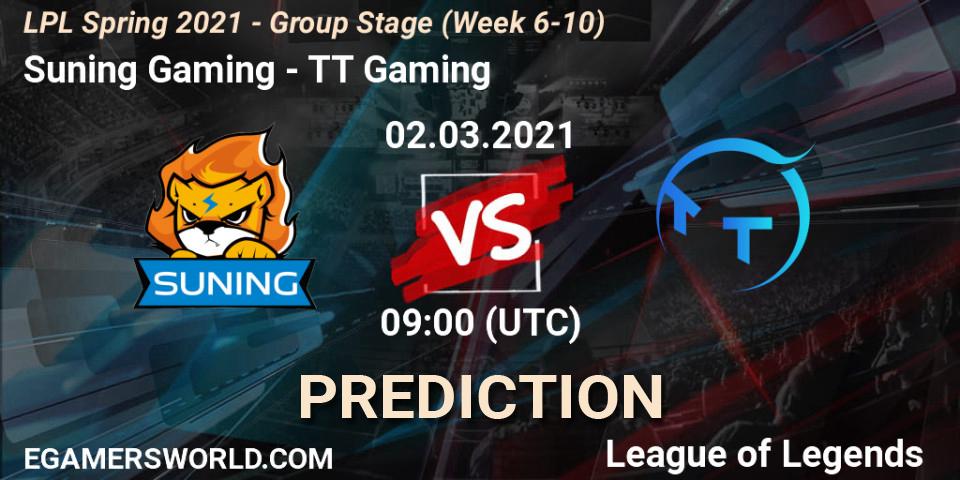 Prognose für das Spiel Suning Gaming VS TT Gaming. 02.03.2021 at 09:00. LoL - LPL Spring 2021 - Group Stage (Week 6-10)
