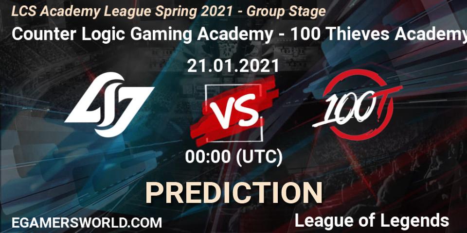 Prognose für das Spiel Counter Logic Gaming Academy VS 100 Thieves Academy. 21.01.2021 at 00:00. LoL - LCS Academy League Spring 2021 - Group Stage