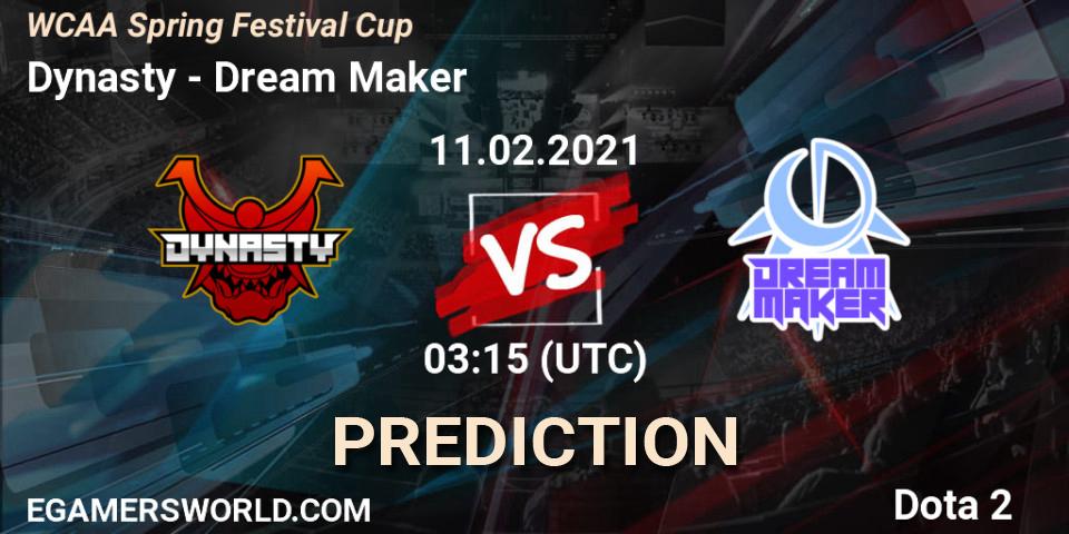 Prognose für das Spiel Dynasty VS Dream Maker. 11.02.2021 at 03:38. Dota 2 - WCAA Spring Festival Cup