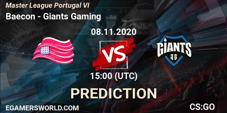 Prognose für das Spiel Baecon VS Giants Gaming. 08.11.2020 at 15:00. Counter-Strike (CS2) - Master League Portugal VI