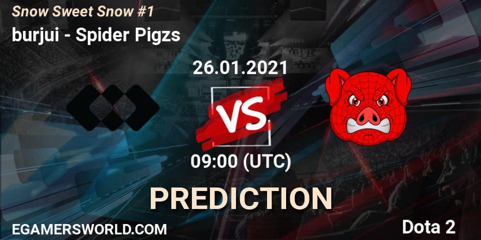 Prognose für das Spiel burjui VS Spider Pigzs. 26.01.2021 at 09:12. Dota 2 - Snow Sweet Snow #1