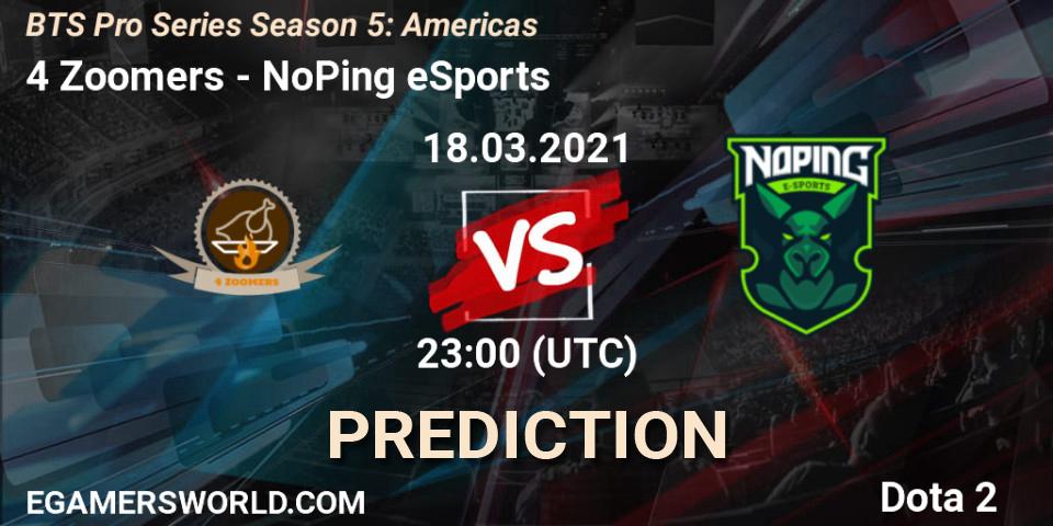 Prognose für das Spiel 4 Zoomers VS NoPing eSports. 18.03.2021 at 22:30. Dota 2 - BTS Pro Series Season 5: Americas