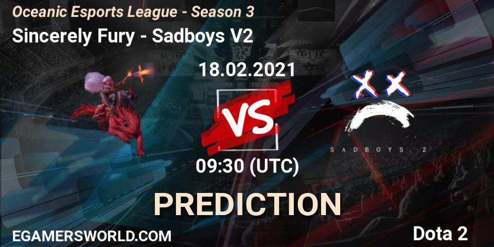 Prognose für das Spiel Sincerely Fury VS Sadboys V2. 20.02.2021 at 03:39. Dota 2 - Oceanic Esports League - Season 3