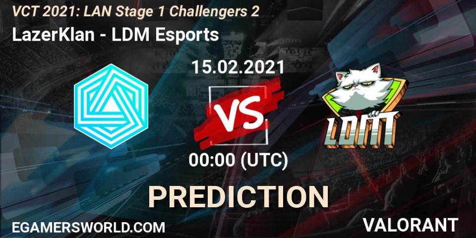 Prognose für das Spiel LazerKlan VS LDM Esports. 15.02.2021 at 00:00. VALORANT - VCT 2021: LAN Stage 1 Challengers 2