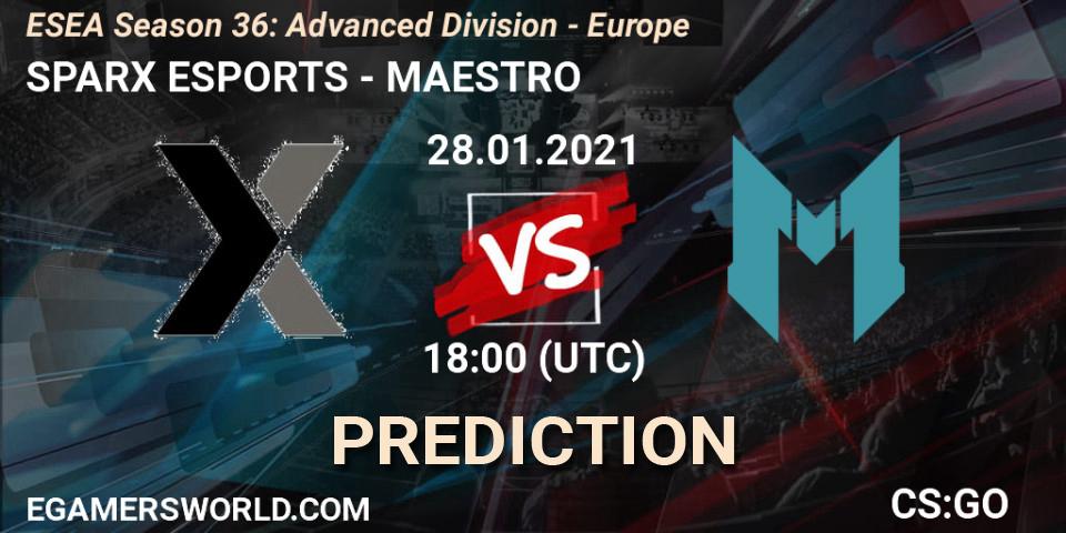 Prognose für das Spiel SPARX ESPORTS VS MAESTRO. 28.01.2021 at 18:00. Counter-Strike (CS2) - ESEA Season 36: Europe - Advanced Division
