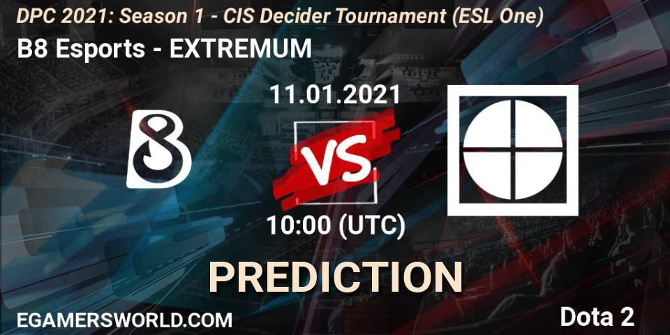 Prognose für das Spiel B8 Esports VS EXTREMUM. 11.01.2021 at 10:00. Dota 2 - DPC 2021: Season 1 - CIS Decider Tournament (ESL One)