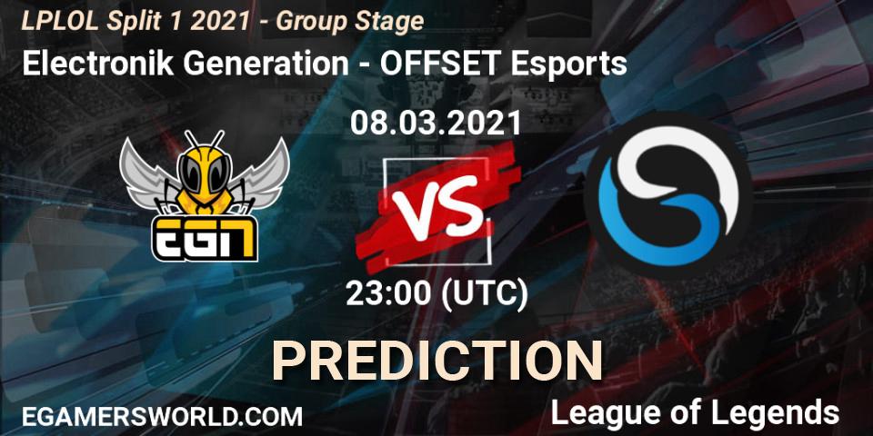 Prognose für das Spiel Electronik Generation VS OFFSET Esports. 08.03.2021 at 23:00. LoL - LPLOL Split 1 2021 - Group Stage