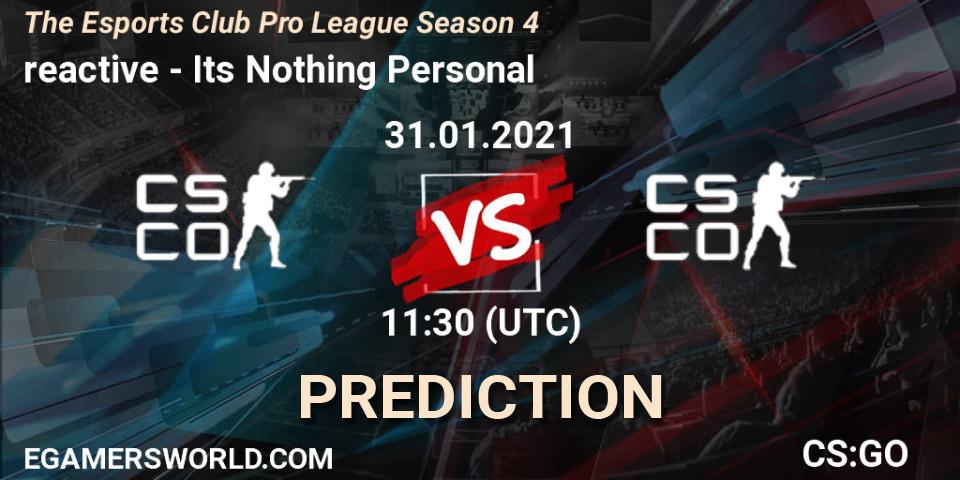 Prognose für das Spiel reactive VS Its Nothing Personal. 31.01.2021 at 11:30. Counter-Strike (CS2) - The Esports Club Pro League Season 4