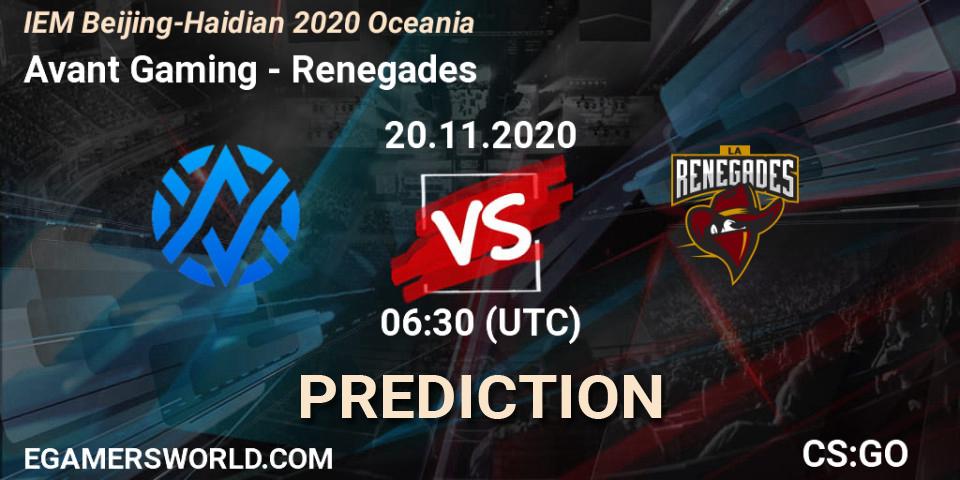 Prognose für das Spiel Avant Gaming VS Renegades. 20.11.20. CS2 (CS:GO) - IEM Beijing-Haidian 2020 Oceania