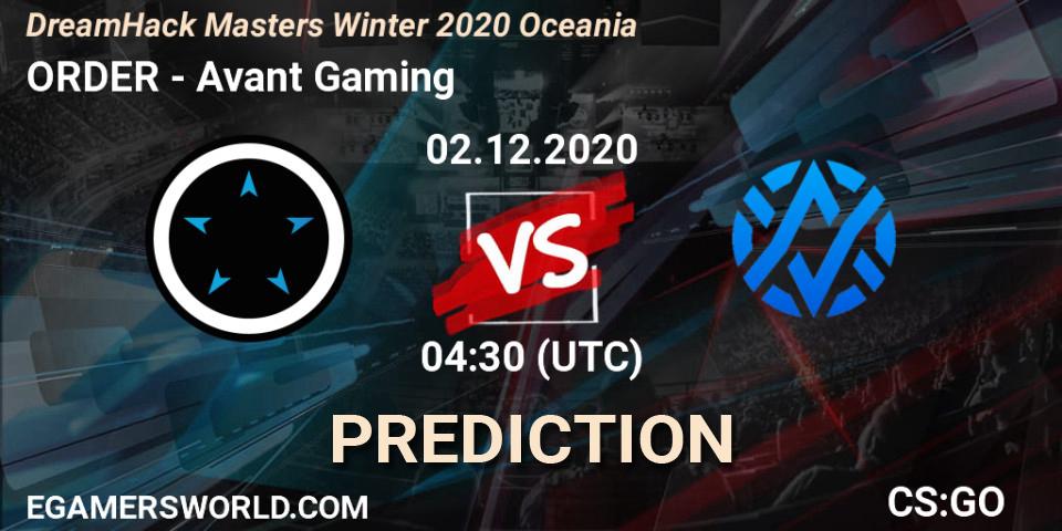 Prognose für das Spiel ORDER VS Avant Gaming. 02.12.20. CS2 (CS:GO) - DreamHack Masters Winter 2020 Oceania