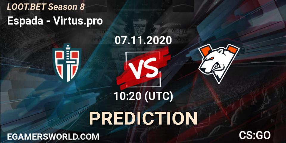 Prognose für das Spiel Espada VS Virtus.pro. 07.11.2020 at 10:20. Counter-Strike (CS2) - LOOT.BET Season 8