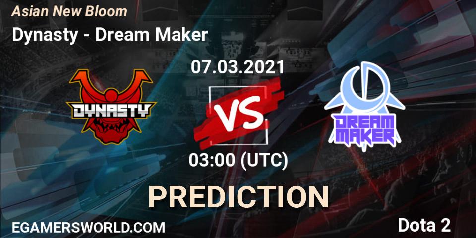 Prognose für das Spiel Dynasty VS Dream Maker. 07.03.2021 at 03:17. Dota 2 - Asian New Bloom