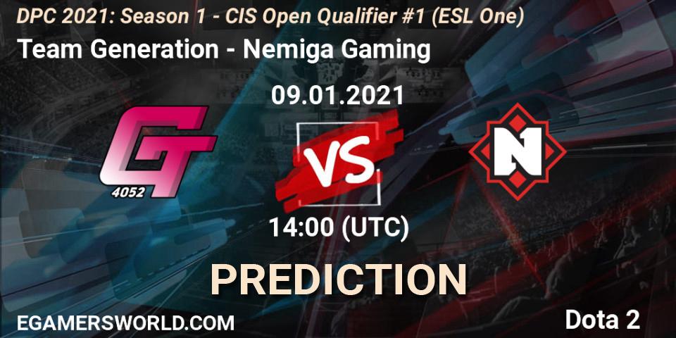 Prognose für das Spiel Team Generation VS Nemiga Gaming. 09.01.2021 at 14:04. Dota 2 - DPC 2021: Season 1 - CIS Open Qualifier #1 (ESL One)