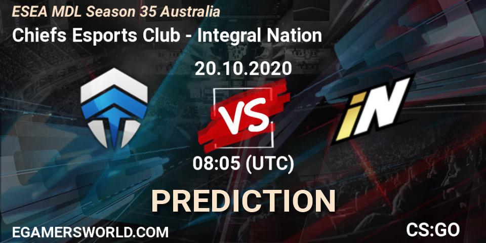 Prognose für das Spiel Chiefs Esports Club VS Integral Nation. 20.10.2020 at 08:15. Counter-Strike (CS2) - ESEA MDL Season 35 Australia