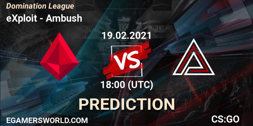 Prognose für das Spiel eXploit VS Ambush. 19.02.2021 at 18:00. Counter-Strike (CS2) - Domination League