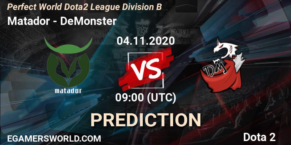 Prognose für das Spiel Matador VS DeMonster. 04.11.20. Dota 2 - Perfect World Dota2 League Division B
