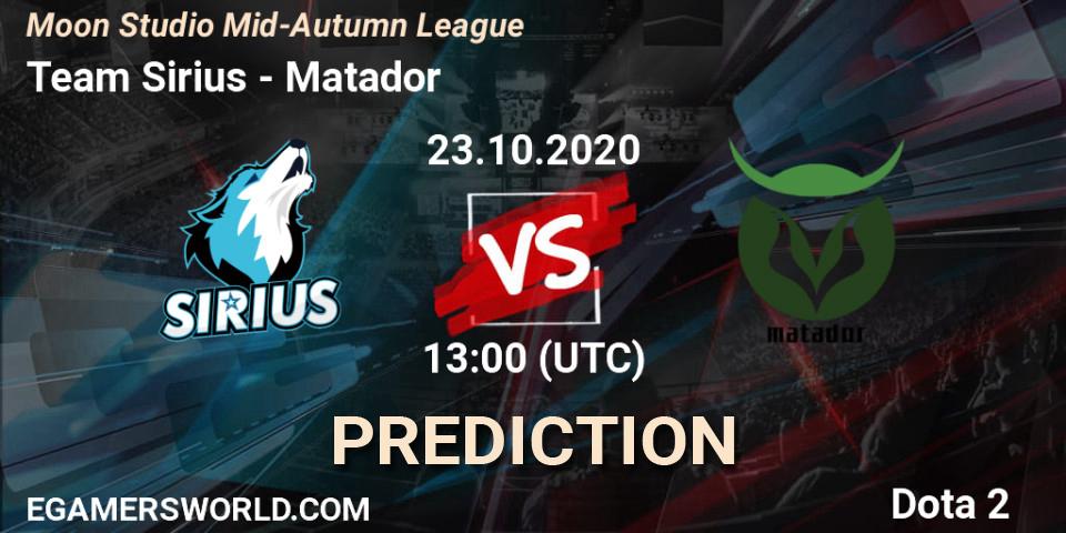 Prognose für das Spiel Team Sirius VS Matador. 23.10.2020 at 11:52. Dota 2 - Moon Studio Mid-Autumn League
