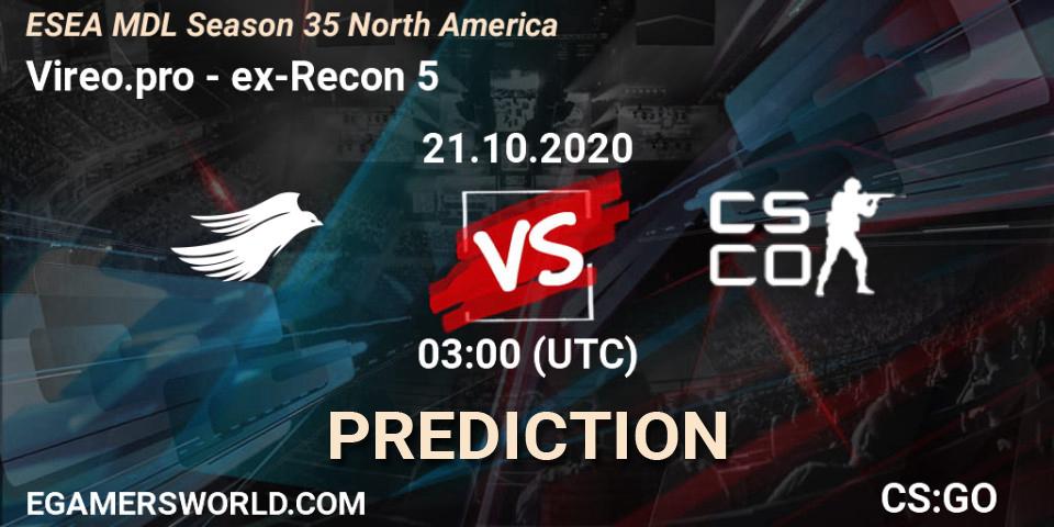 Prognose für das Spiel Vireo.pro VS ex-Recon 5. 21.10.2020 at 03:00. Counter-Strike (CS2) - ESEA MDL Season 35 North America