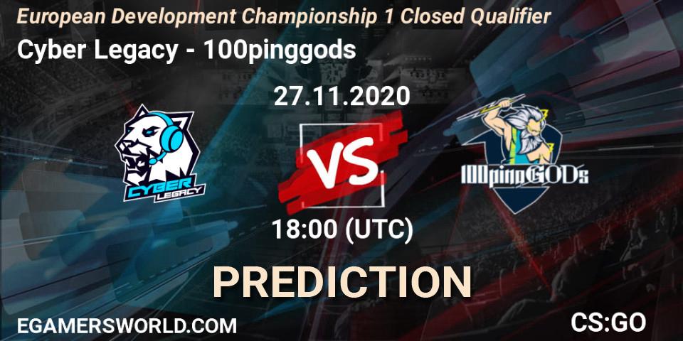 Prognose für das Spiel Cyber Legacy VS 100pinggods. 27.11.2020 at 17:20. Counter-Strike (CS2) - European Development Championship 1 Closed Qualifier