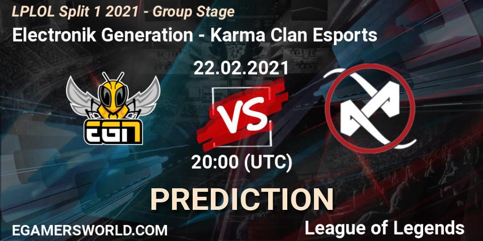 Prognose für das Spiel Electronik Generation VS Karma Clan Esports. 22.02.2021 at 20:00. LoL - LPLOL Split 1 2021 - Group Stage