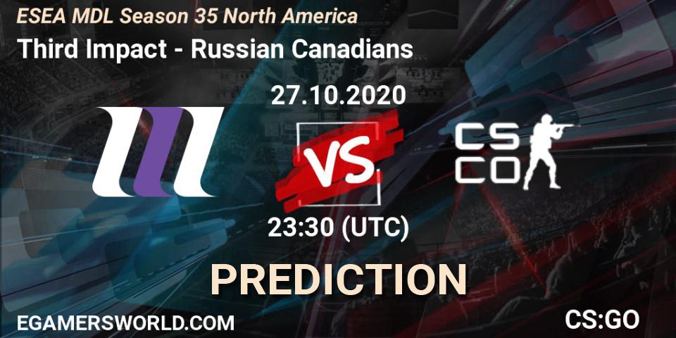 Prognose für das Spiel Third Impact VS Russian Canadians. 28.10.2020 at 00:30. Counter-Strike (CS2) - ESEA MDL Season 35 North America