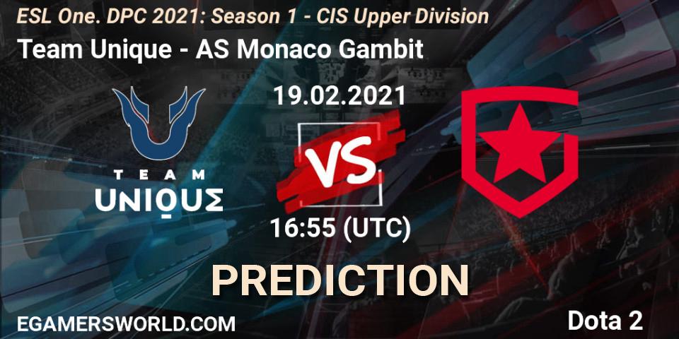 Prognose für das Spiel Team Unique VS AS Monaco Gambit. 19.02.2021 at 16:55. Dota 2 - ESL One. DPC 2021: Season 1 - CIS Upper Division